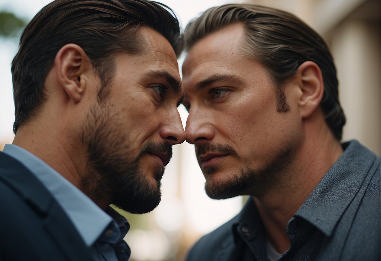 A Leo man gazes deeply into another Leo man's eyes, their passion igniting like a roaring fire. The air crackles with intensity as they communicate their love through grand gestures and affectionate words