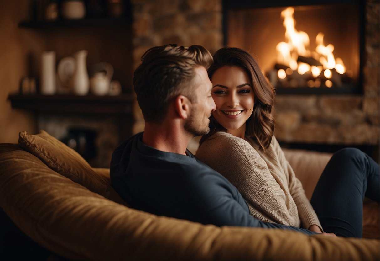 A roaring fire crackles in the hearth as a Leo man gazes lovingly into the eyes of his partner, surrounded by luxurious furnishings and warm, golden hues