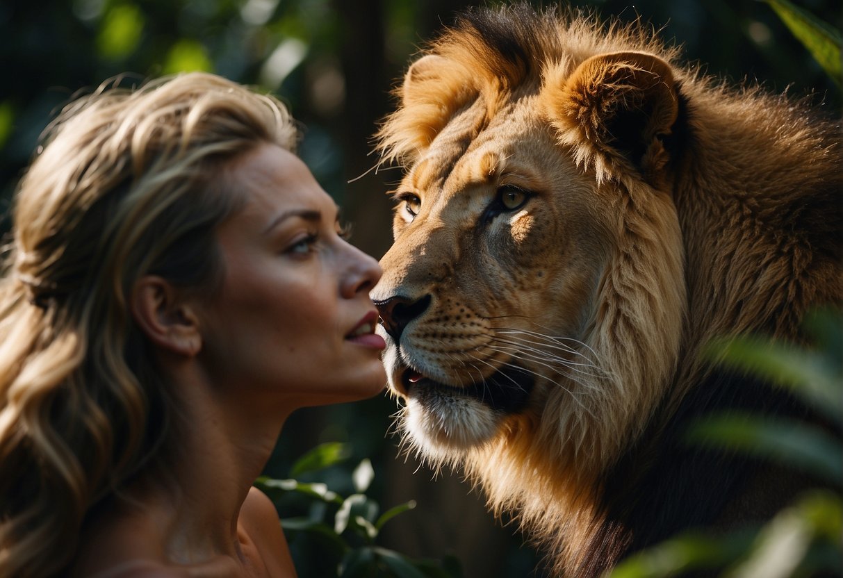 A lioness faces a lion in a fiery jungle, their eyes locked in a passionate stare. The intense heat and vibrant surroundings symbolize the challenges of falling in love with a Leo man