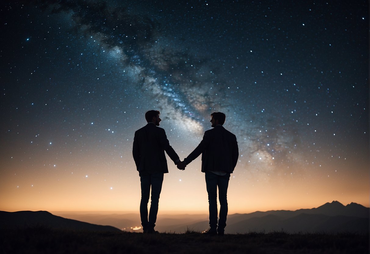 A Leo man and his partner standing under a starry sky, holding hands and gazing into each other's eyes with warmth and affection
