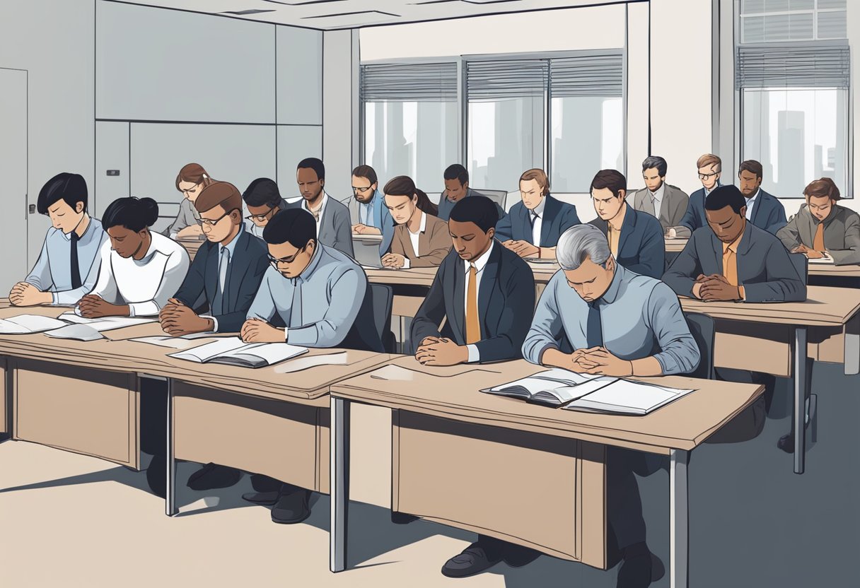 A person sits at a desk, surrounded by coworkers. They close their eyes and bow their head in prayer, seeking protection from workplace conflicts