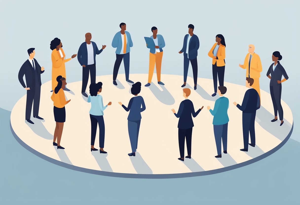 A group of diverse figures stand in a circle, surrounded by a barrier of light, symbolizing protection from workplace conflicts. They are engaged in conversation, creating a supportive work environment