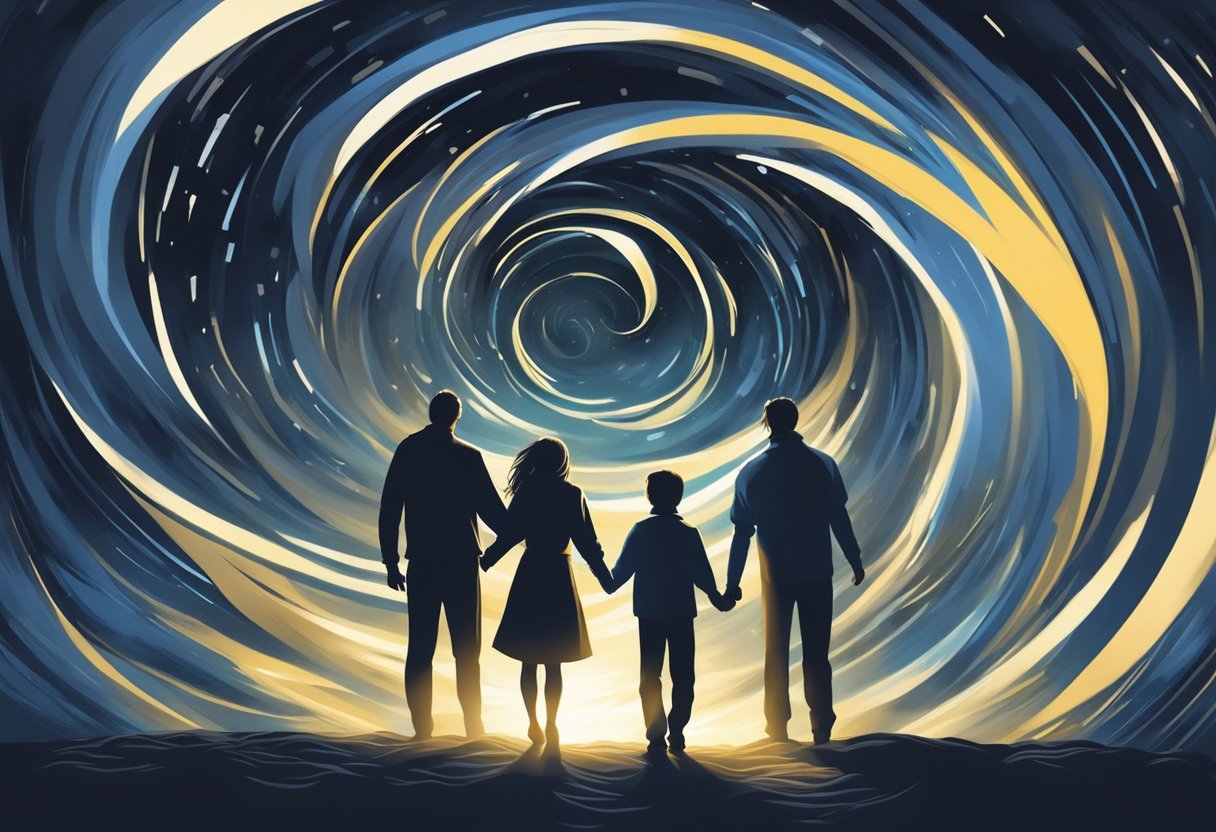 A family surrounded by a swirling storm, with rays of light breaking through the darkness, symbolizing the battle against division