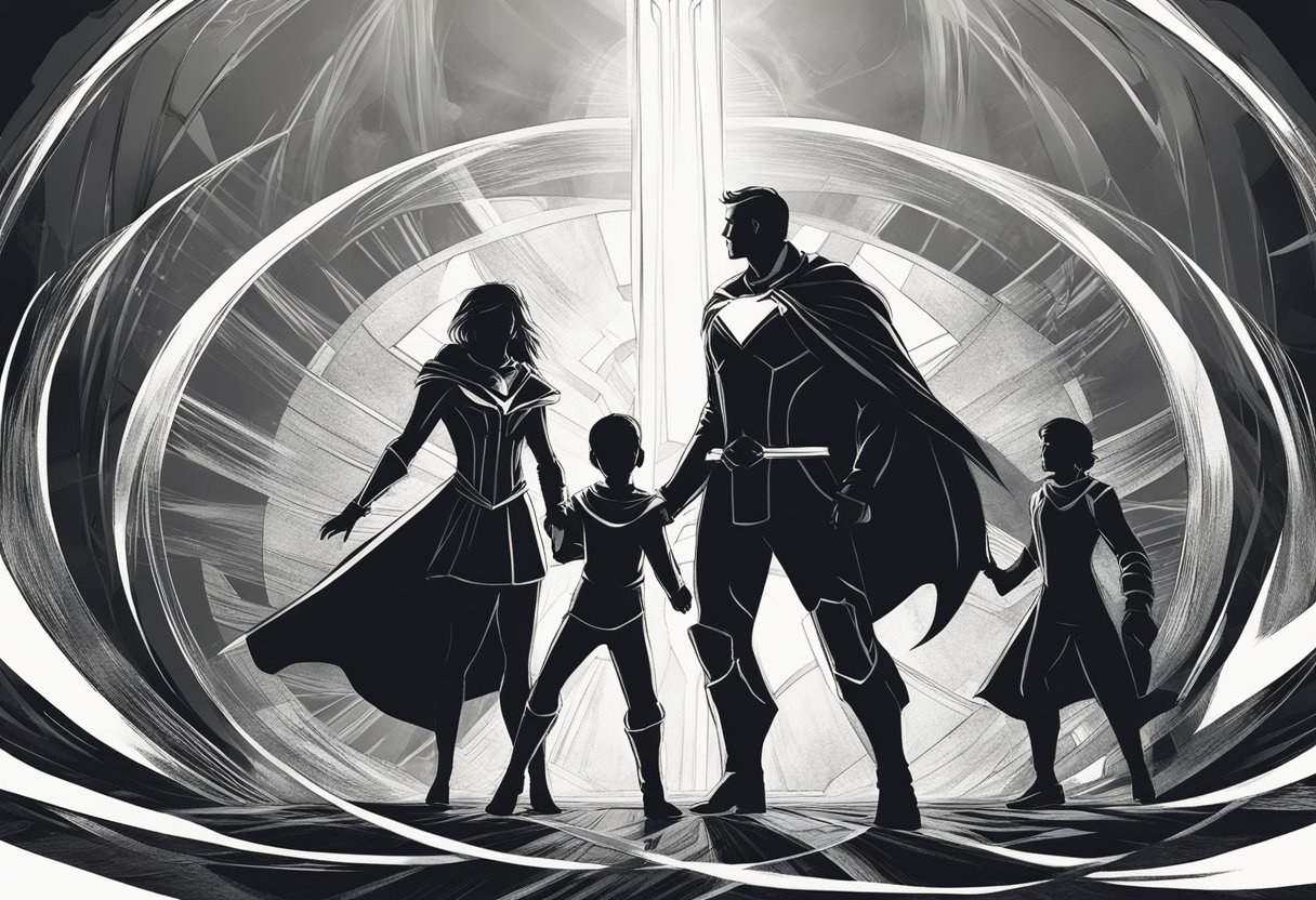 A family surrounded by darkness, with a dividing force tearing them apart. A powerful shield of light and unity breaking through the darkness, dispelling the division