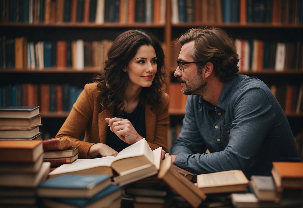 Two people engrossed in conversation, exchanging thoughtful looks and nodding in agreement, surrounded by books and intellectual paraphernalia