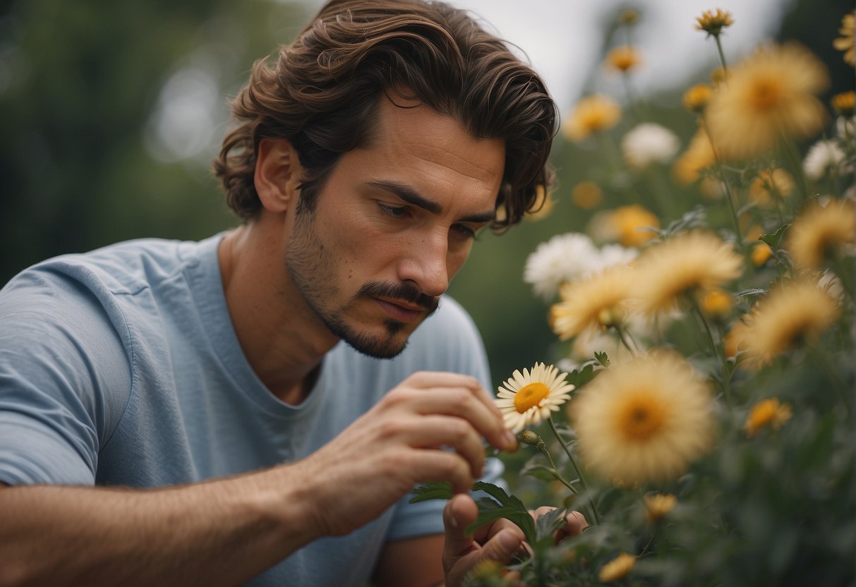 A virgo man admires a blooming flower, studying its delicate petals and intricate details with a focused and appreciative gaze