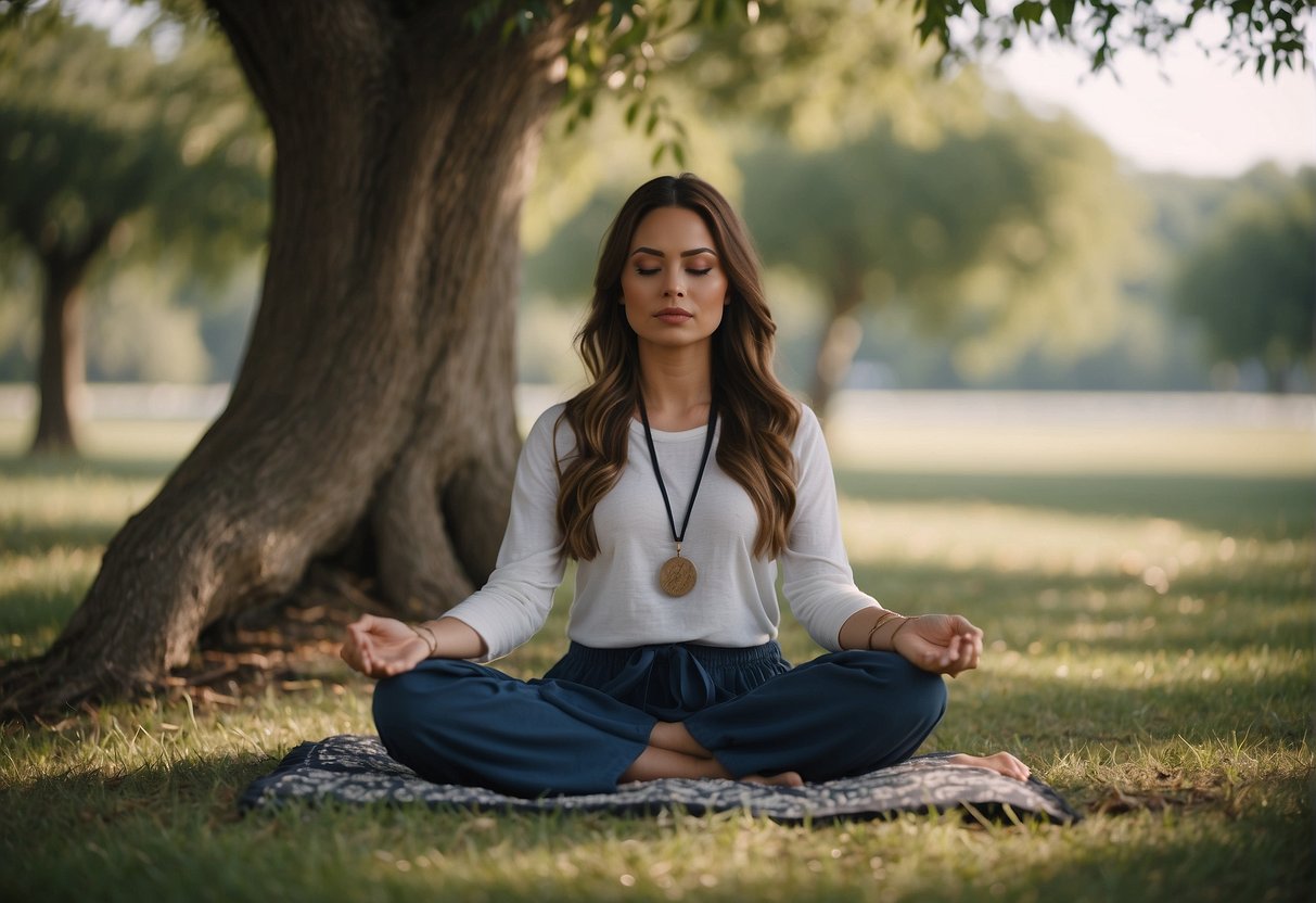 female spiritual tattoos: A serene woman meditates under a tree, surrounded by symbols of strength, wisdom, and spirituality