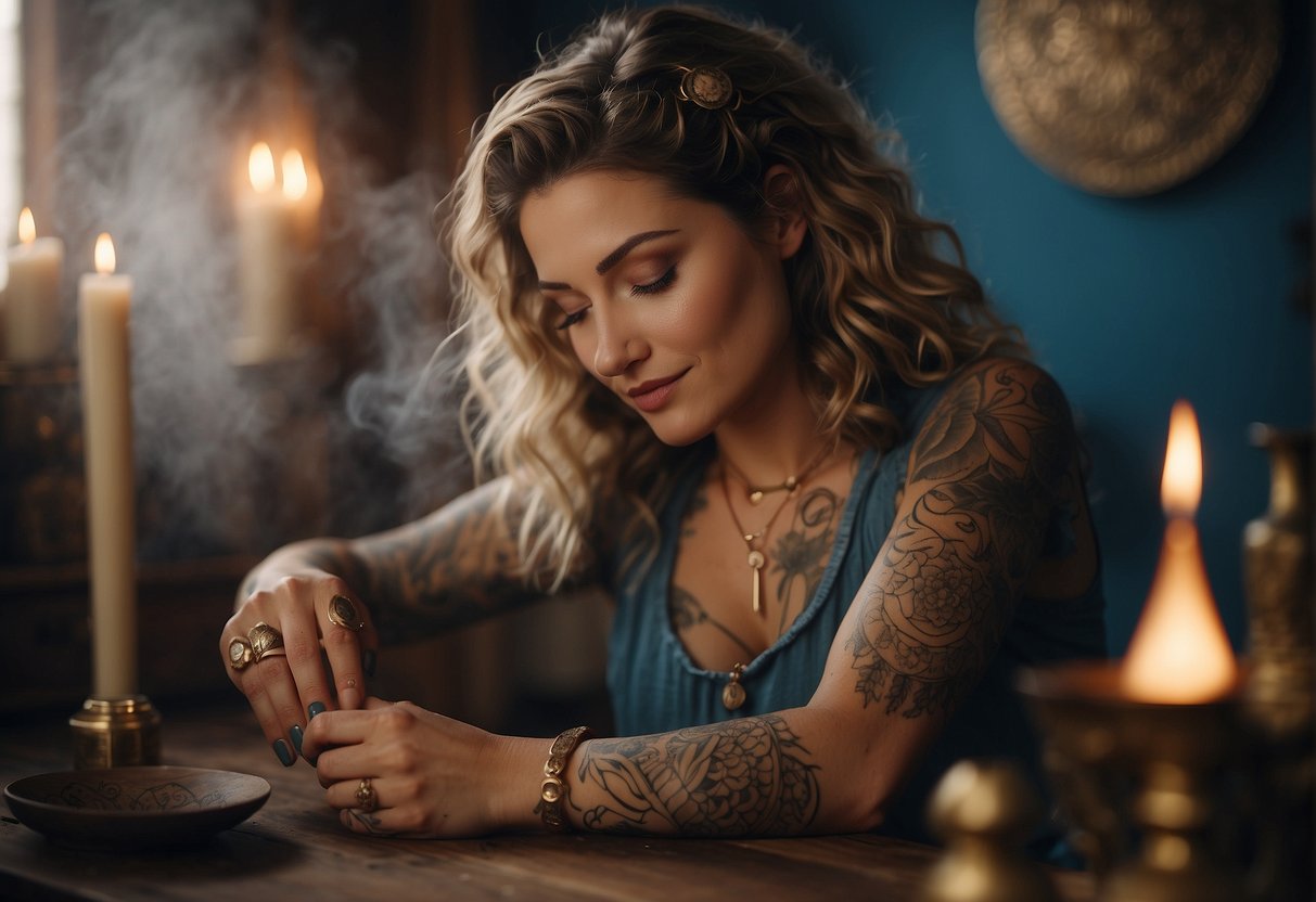 female spiritual tattoos: A serene woman receiving a spiritual tattoo, surrounded by incense and sacred symbols. Aftercare involves gentle cleansing and protection with natural oils