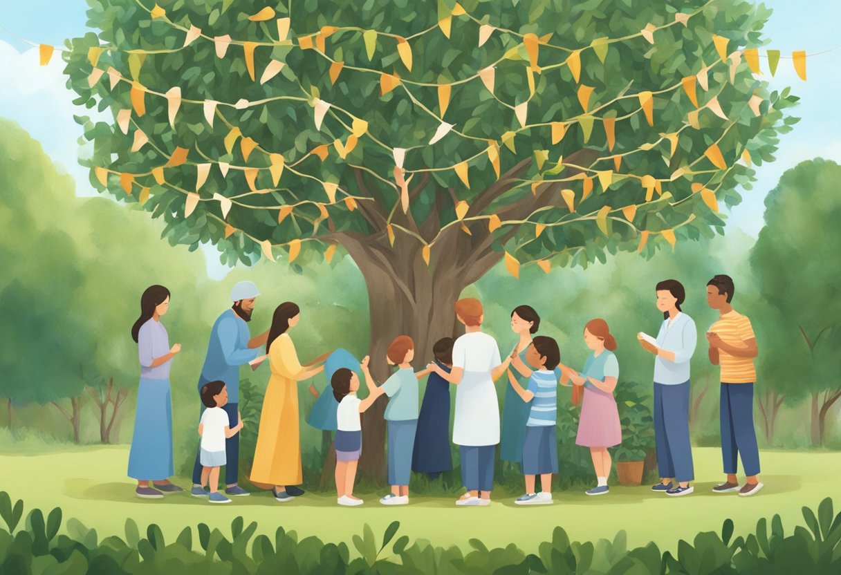 A group of hopeful parents surround a tree, each tying a ribbon onto its branches while reciting prayers for fertility and adoption