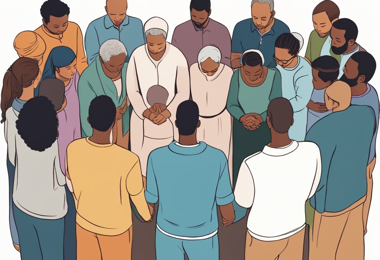 A group of people from diverse backgrounds gather in a circle, holding hands and bowing their heads in prayer. The room is filled with a sense of hope and anticipation as they seek guidance and blessings for the adoption process