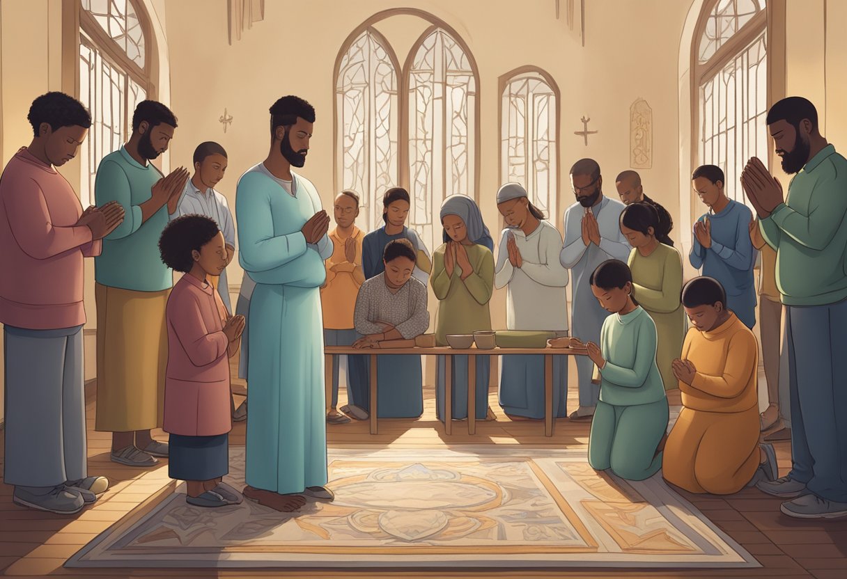 A group of individuals gather in a peaceful room, bowing their heads in prayer, surrounded by symbols of hope and family