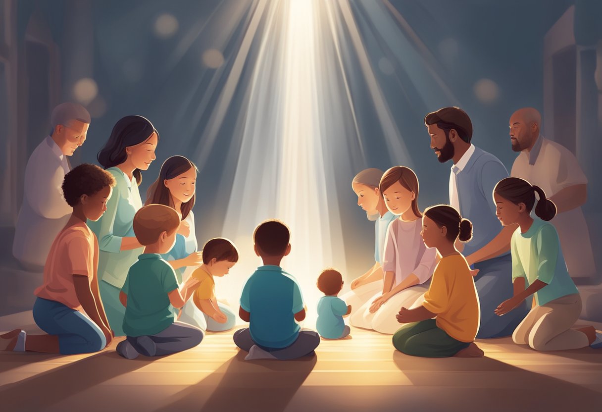 A group of hopeful parents kneel in prayer, surrounded by images of babies and children. Rays of light shine down, symbolizing hope and faith