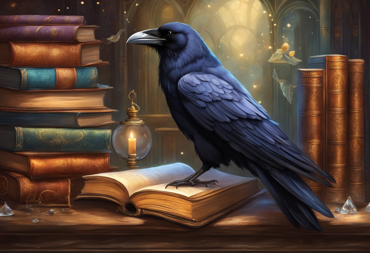 A majestic raven perched on a weathered bookshelf, surrounded by ancient tomes and sparkling crystals, exuding wisdom and curiosity