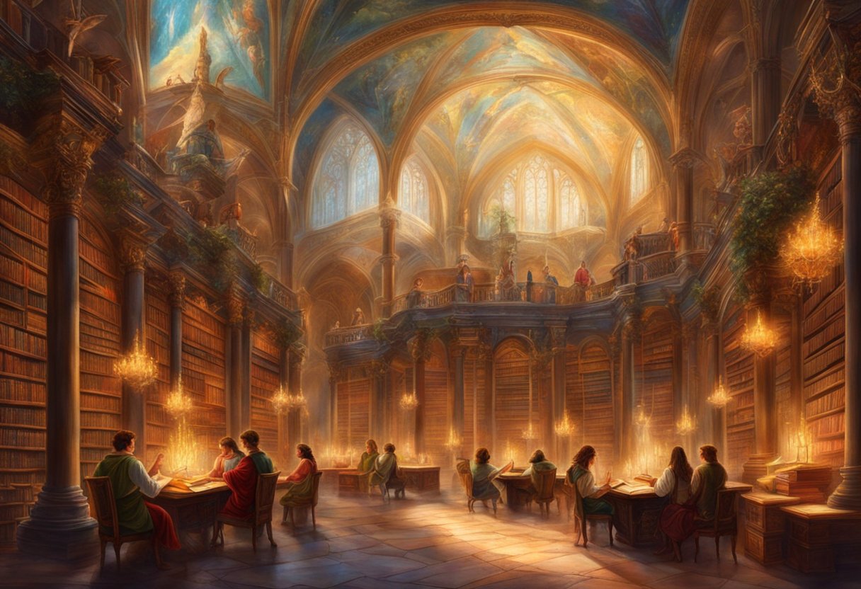 A book-filled library with a soaring ceiling and intricate tapestries. A group of students engrossed in deep discussions, surrounded by parchment and quills