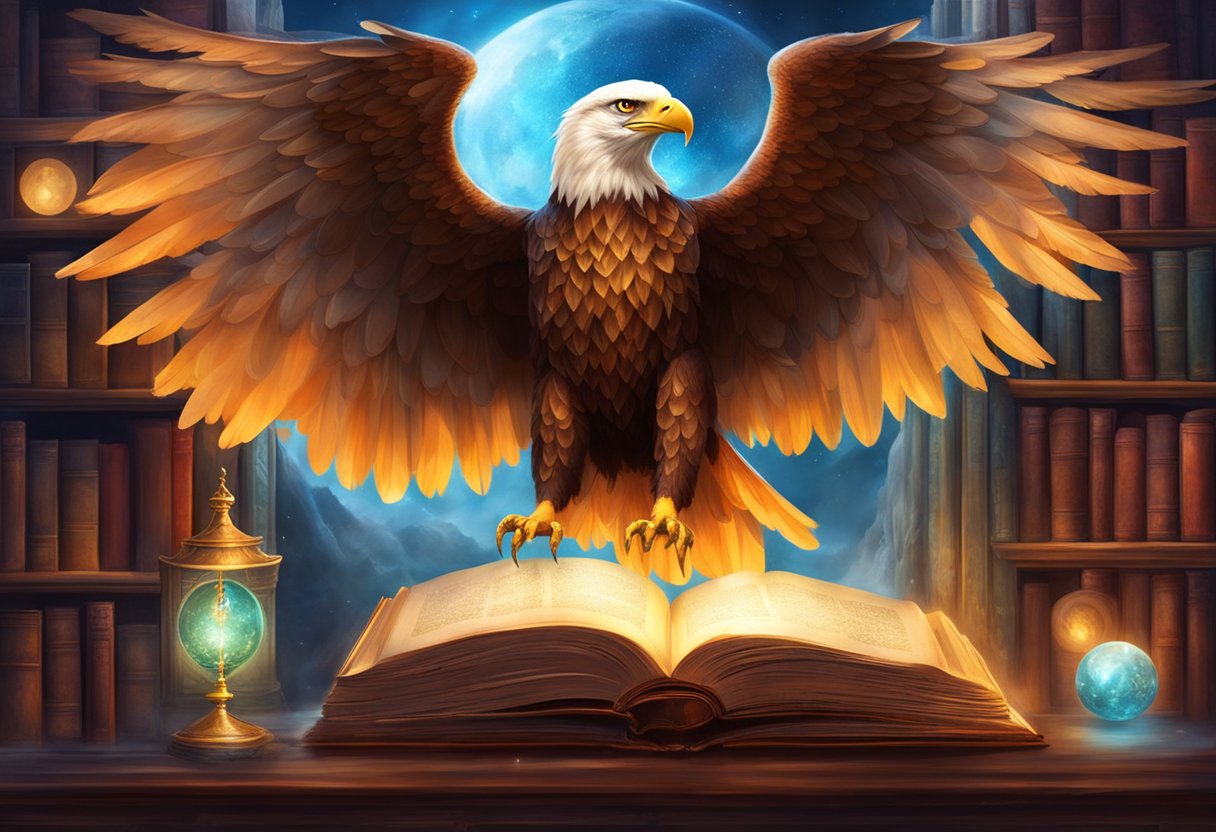 A majestic eagle perched on a towering bookshelf, surrounded by ancient tomes and glowing orbs, symbolizing wisdom and intellect