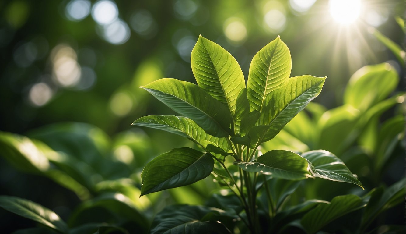 A lush green plant with small fan-shaped leaves grows in a vibrant, tropical environment. Sunlight filters through the canopy, highlighting the plant's natural beauty and vitality