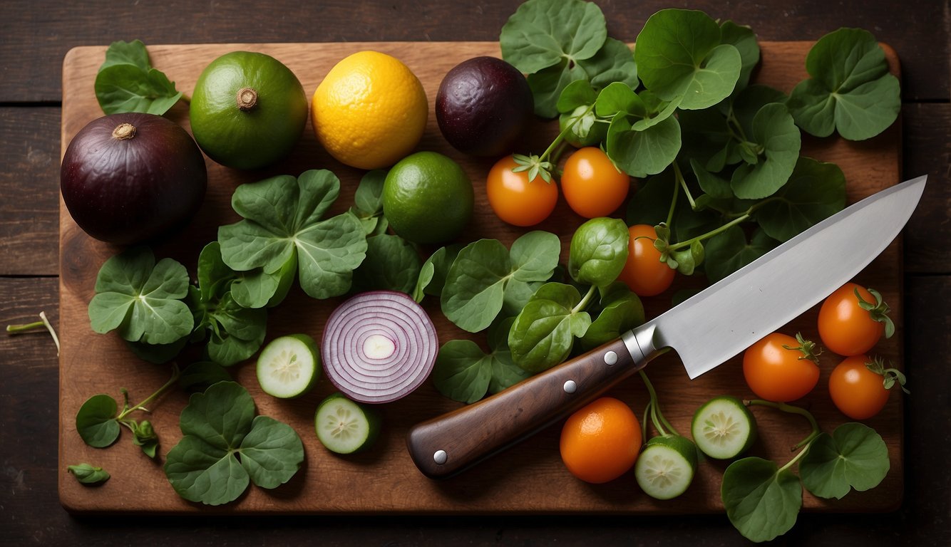 Gotu kola leaves and stems arranged on a wooden cutting board with a knife, surrounded by various fresh fruits and vegetables