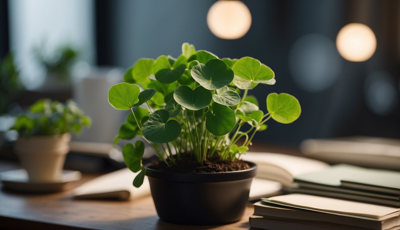 A vibrant green gotu kola plant surrounded by research papers and clinical study reports
