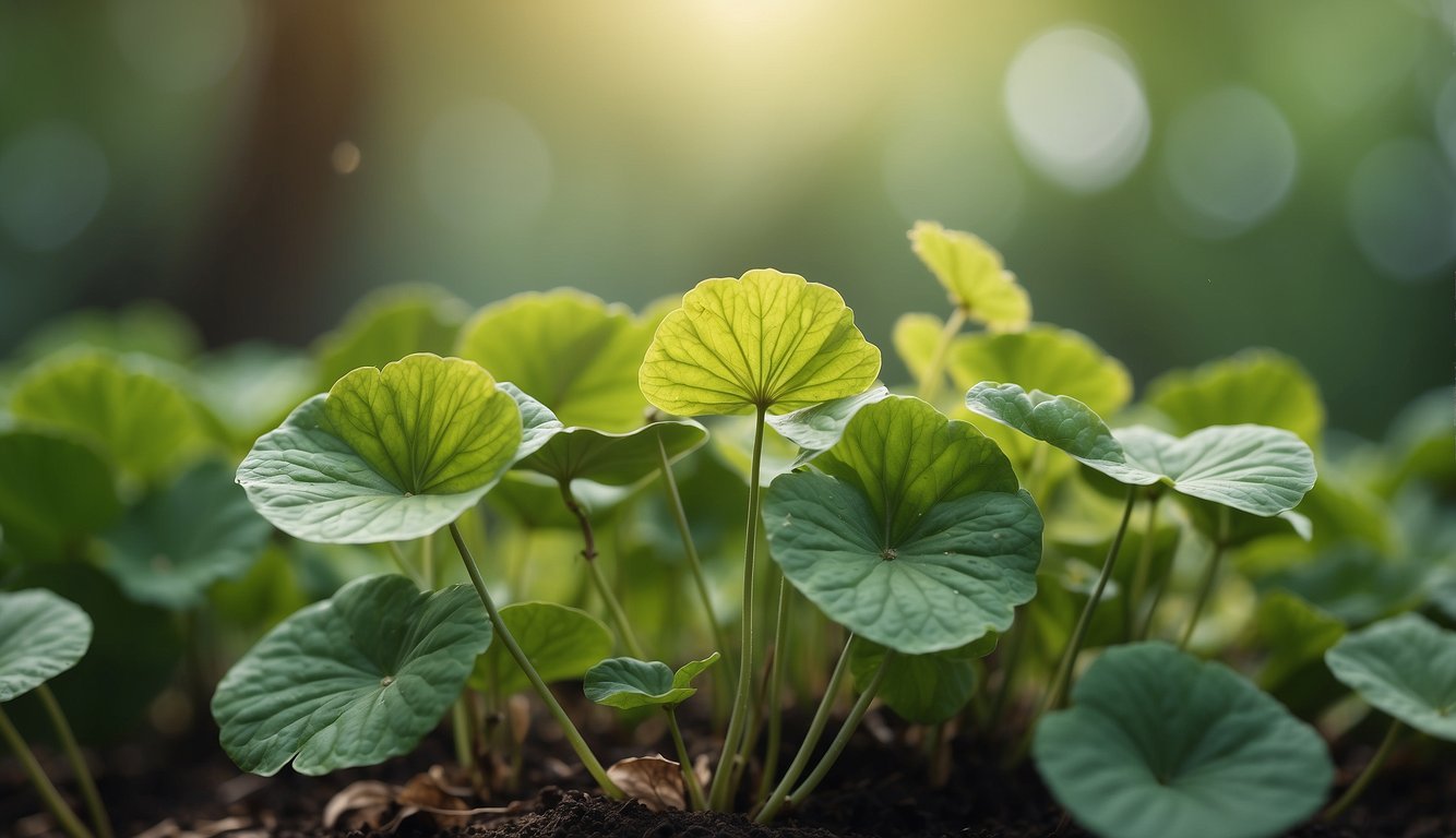 A lush green plant of gotu kola with small fan-shaped leaves, surrounded by a serene and tranquil setting