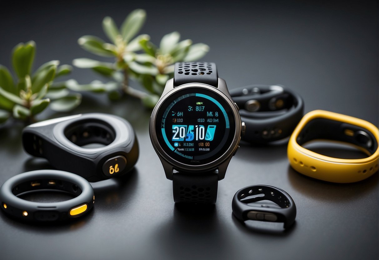 Various fitness trackers, smartwatches, and health monitoring devices evolve and intertwine, displaying the progression of wearable fitness technology