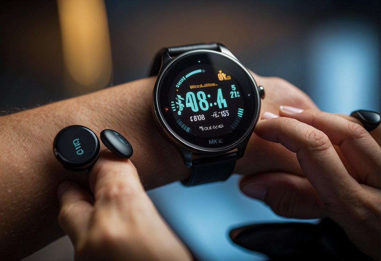 A sleek fitness tracker glows on a wrist, while a smartwatch displays workout data. Earbuds and a heart rate monitor complete the tech ensemble