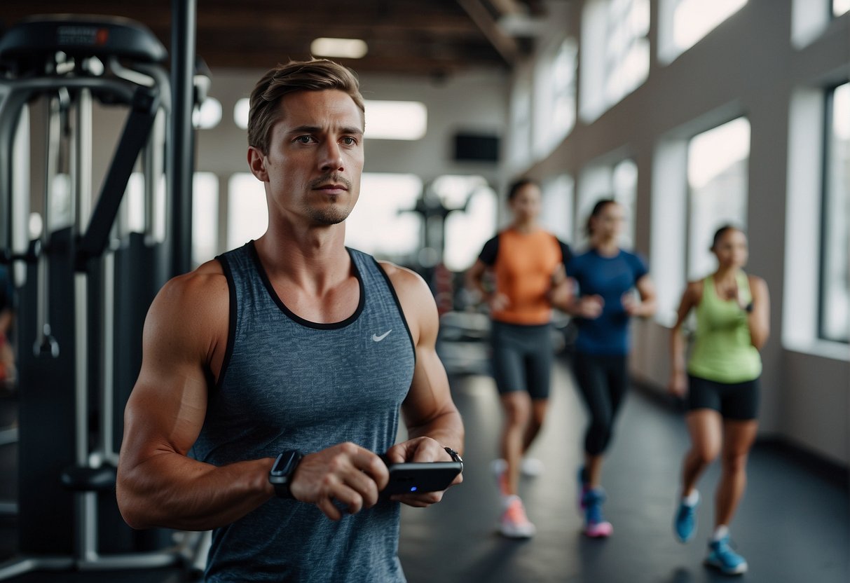 People using wearable fitness technology in gym and outdoor settings, tracking their activity and analyzing market trends