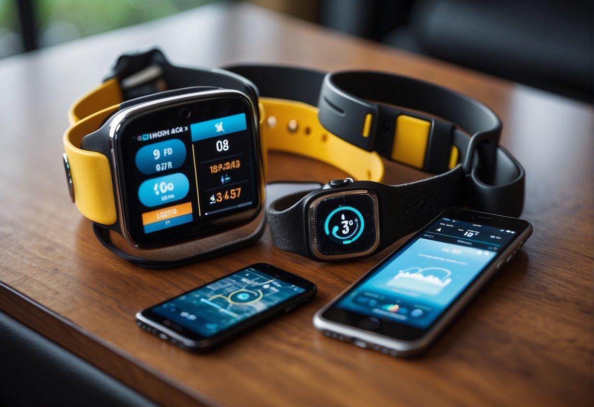A variety of wearable fitness technology devices displayed on a sleek, modern table
