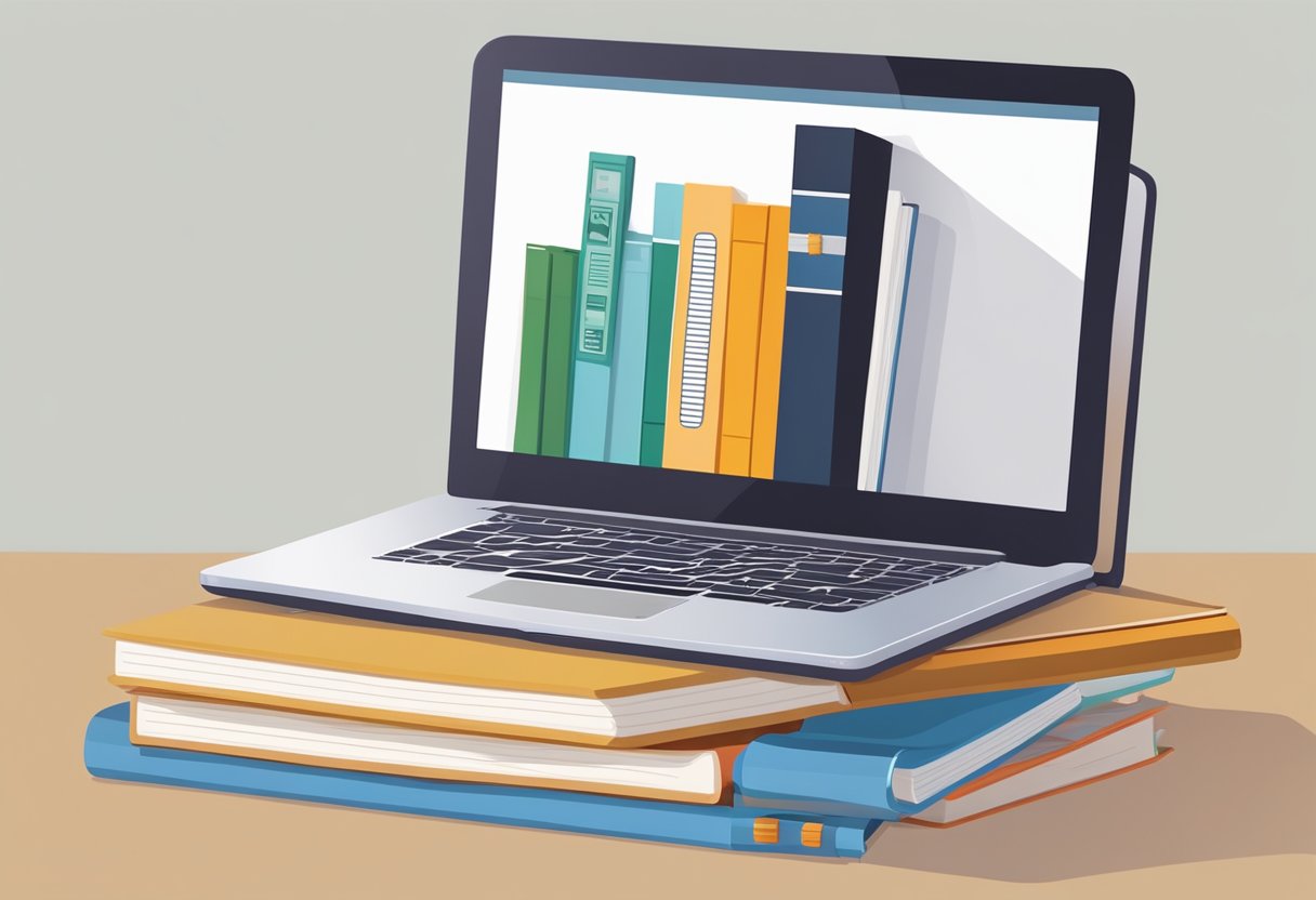 A laptop displaying an online course with a diploma and a stack of books, symbolizing the benefits of professional study