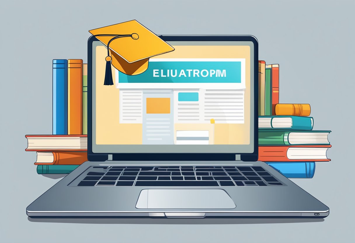 A laptop displaying an online course platform, surrounded by books and a diploma, symbolizing professional growth through online education