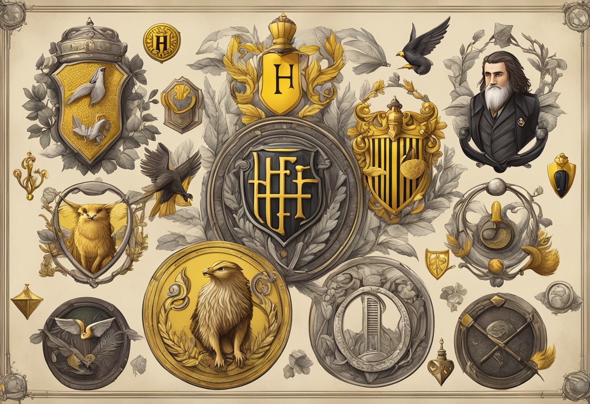 Notable Hufflepuffs and Their Contributions: A group of Hufflepuff symbols and emblems representing their traits and achievements