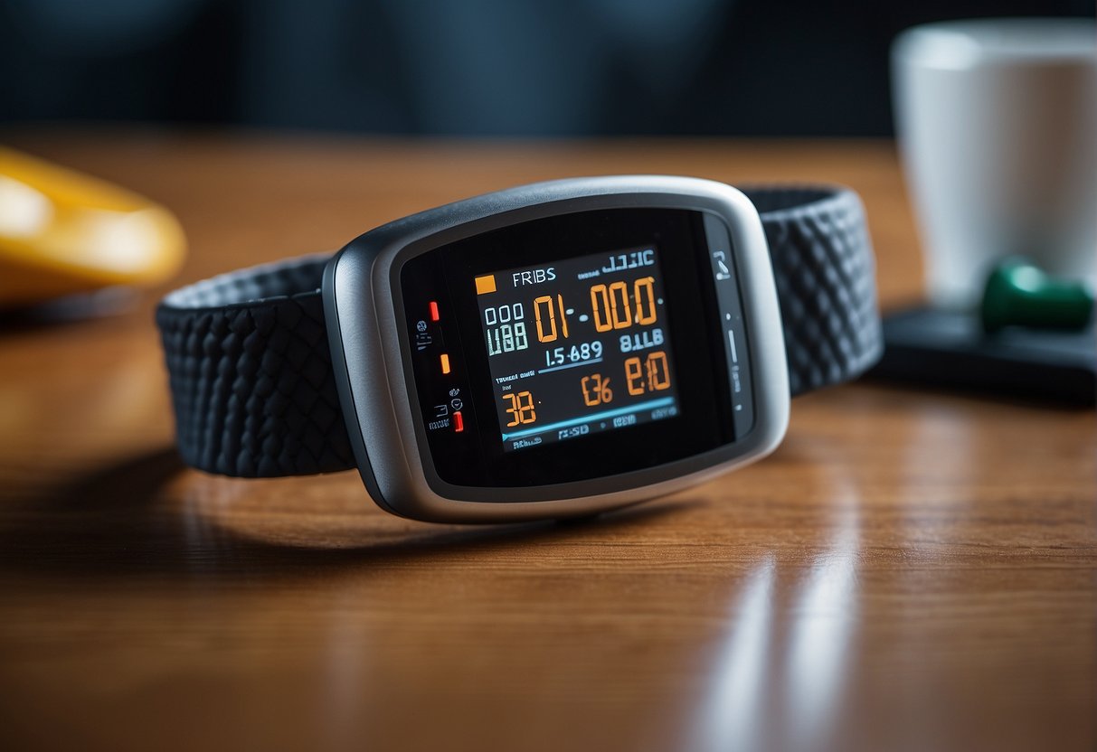 A fitness band with a blood pressure monitor displayed on a wrist, with a digital screen showing the blood pressure reading