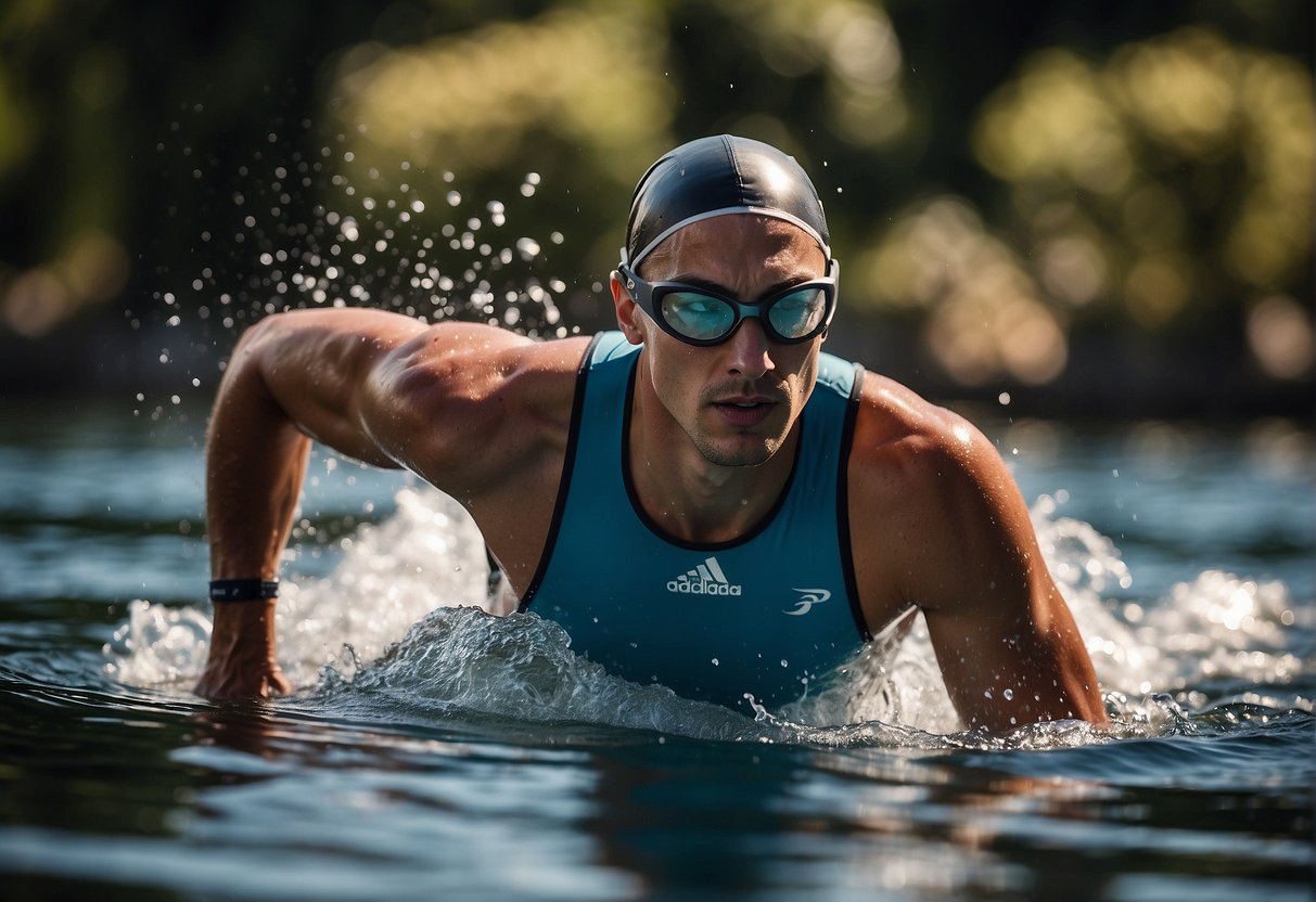 A swimmer effortlessly glides through the water, wearing a smart waterproof watch. The watch's sleek design and easy-to-read display provide the swimmer with real-time data and practical tips for optimizing their performance