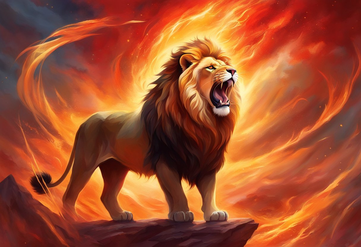 A lion roaring proudly, surrounded by a backdrop of fiery red and gold, symbolizing bravery and courage