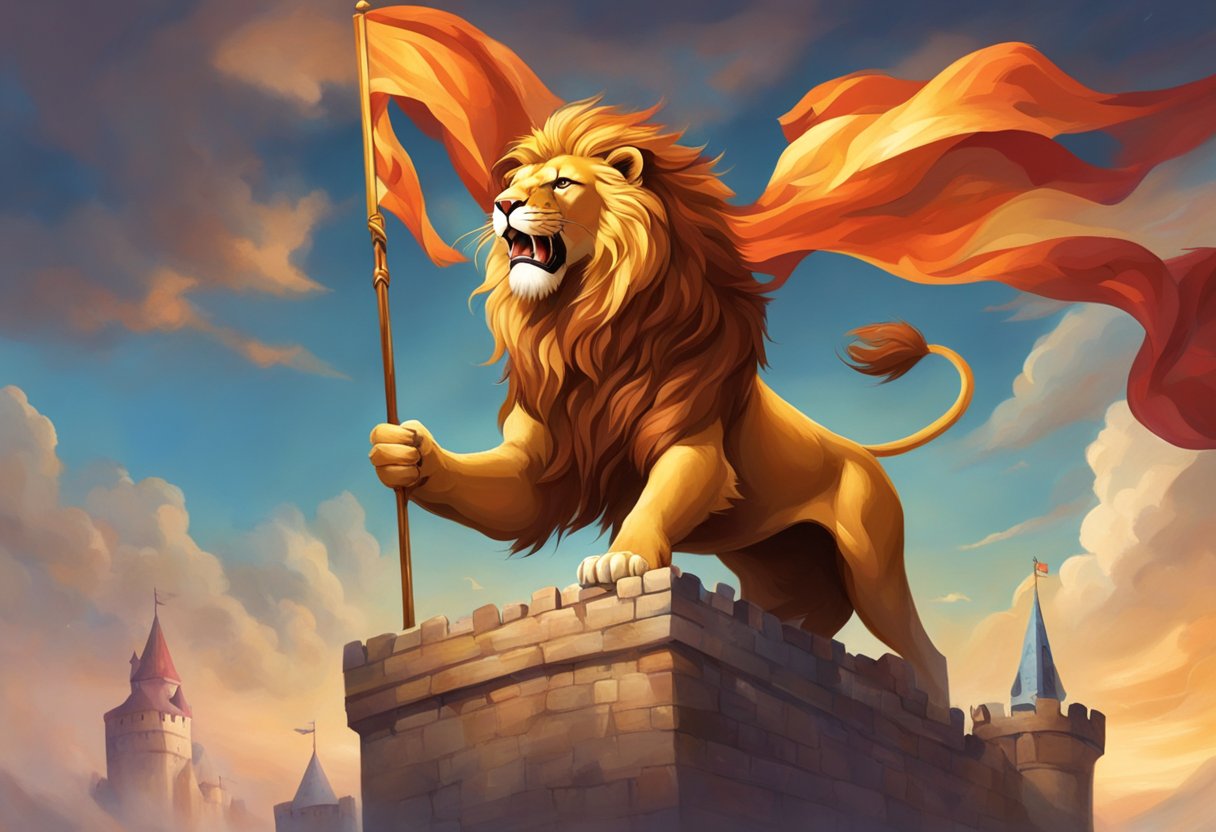 A lion roaring proudly atop a castle, with a banner flying high, representing bravery, courage, and chivalry
