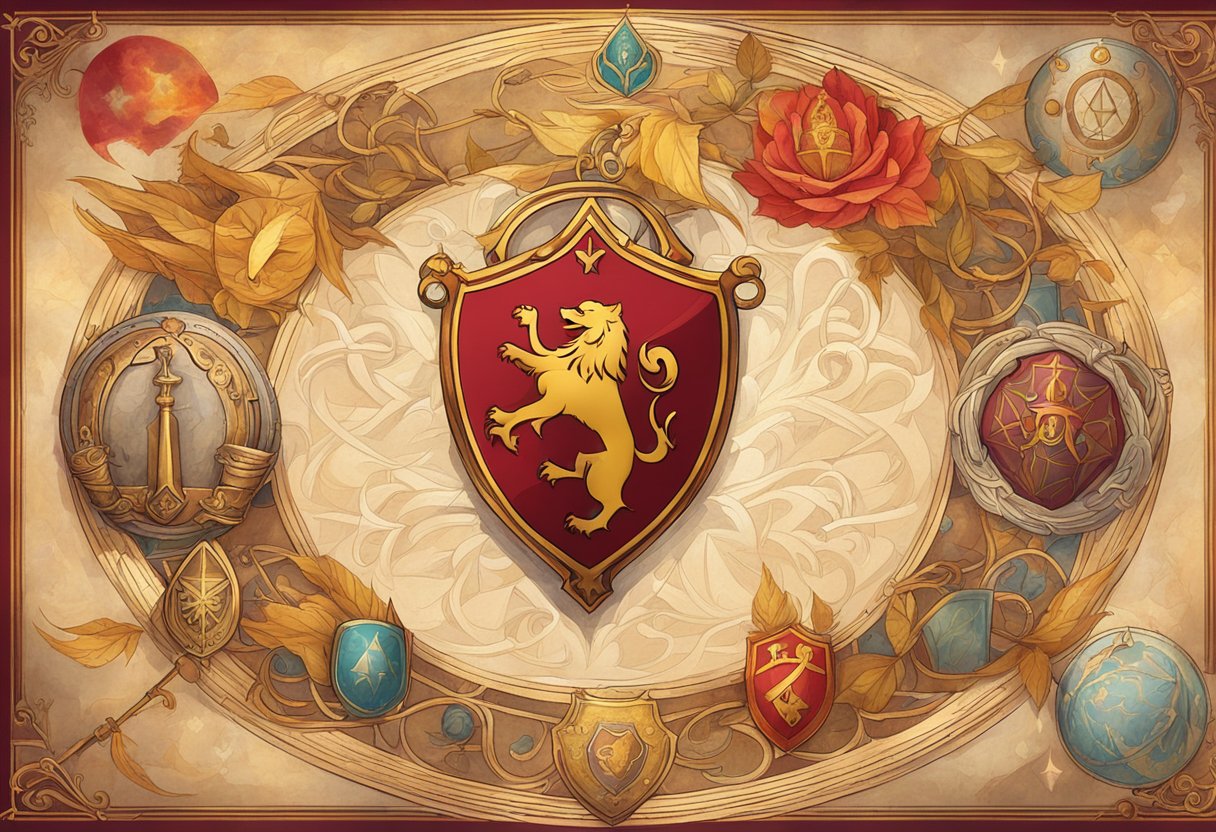 The Gryffindor crest surrounded by symbols of bravery, courage, and chivalry