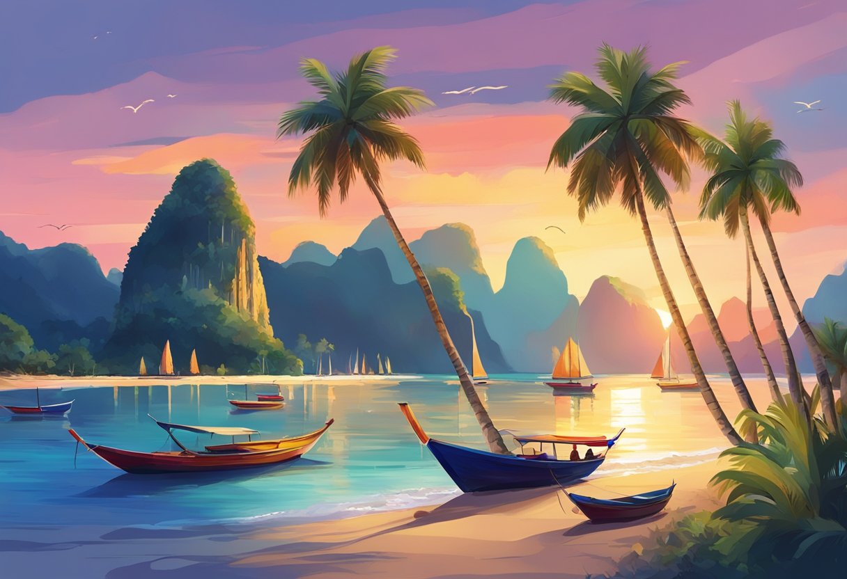 A vibrant beach at sunset with palm trees, clear blue water, and colorful boats, representing the best time to visit Thailand