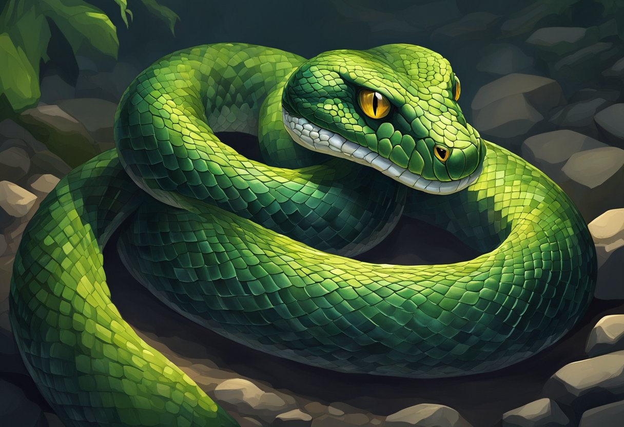 A snake slithers through a dark, damp dungeon, its green scales glistening in the dim light. Its eyes narrow as it watches for any sign of intruders, ready to strike with cunning precision