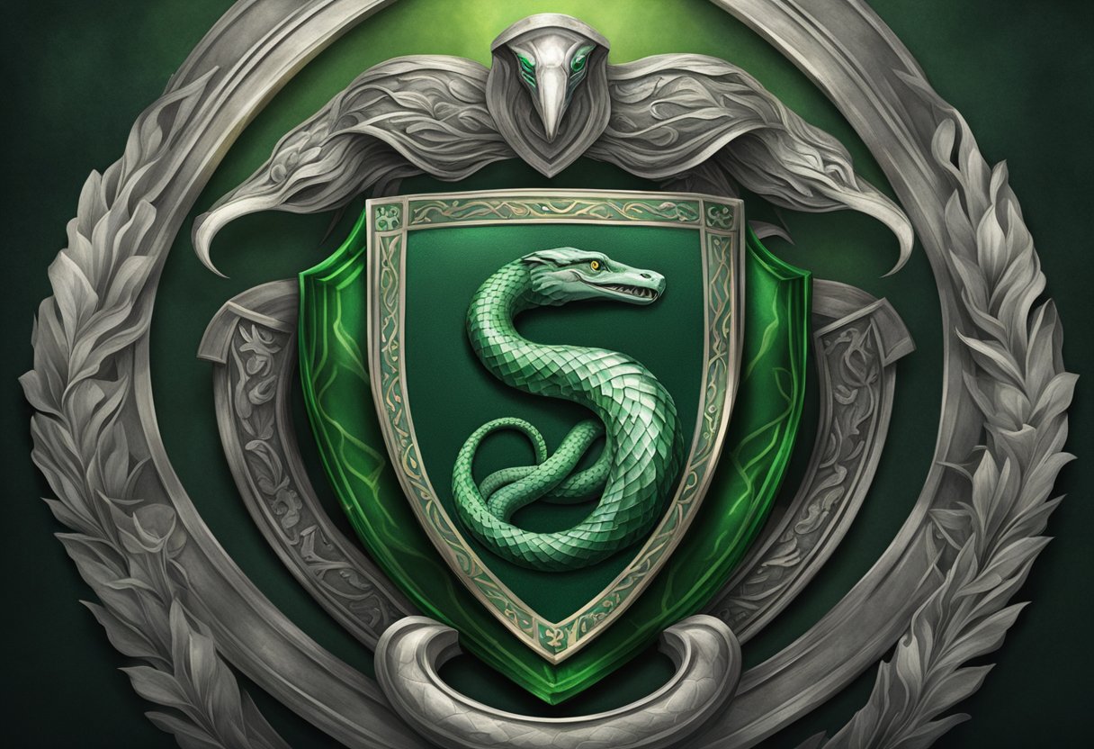 The Slytherin crest glints in the dim light, showcasing the serpent and emerald green colors, symbolizing ambition and cunning