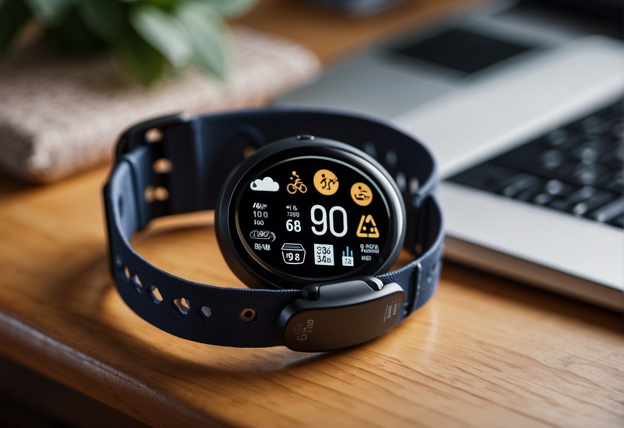 A fitness tracker for seniors sits on a bedside table, displaying the time and step count. It is a simple, user-friendly device with large buttons and a clear display