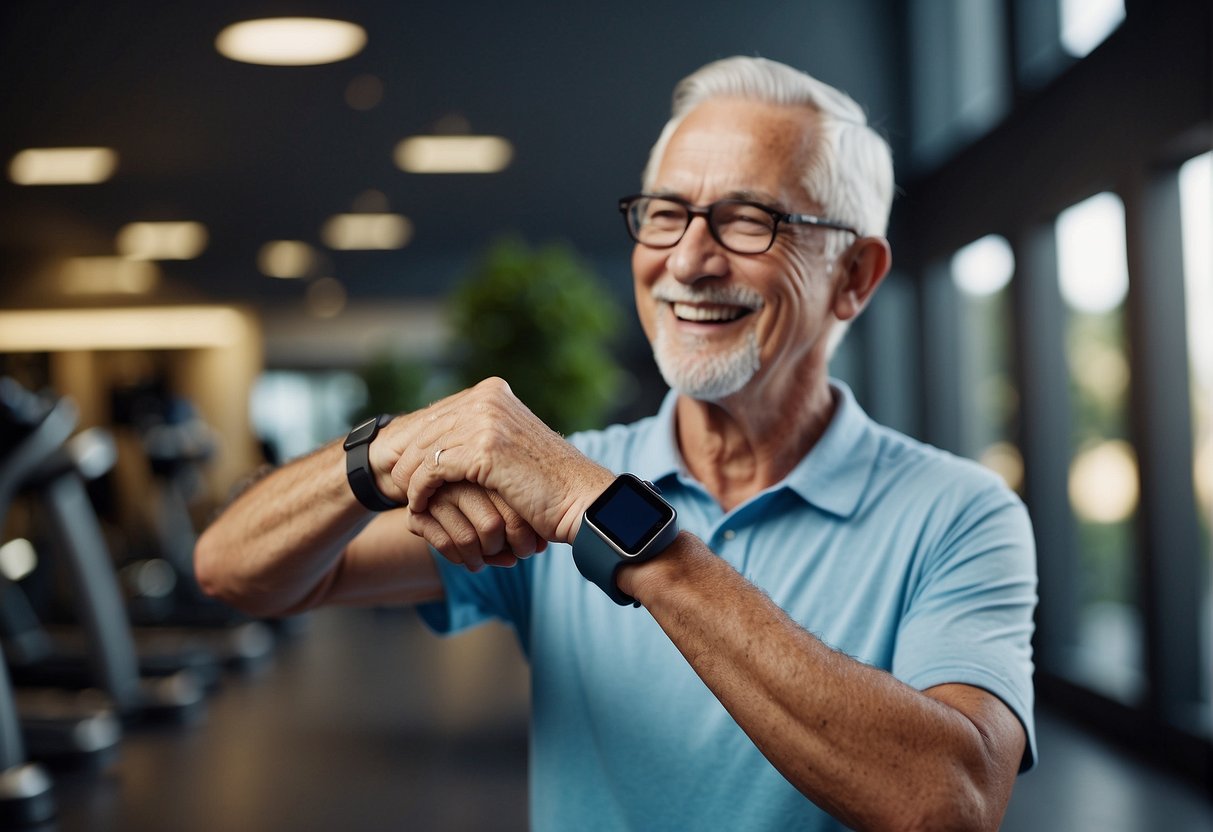 A senior places a fitness tracker on their wrist, smiling as they navigate the device's simple interface without needing a smartphone