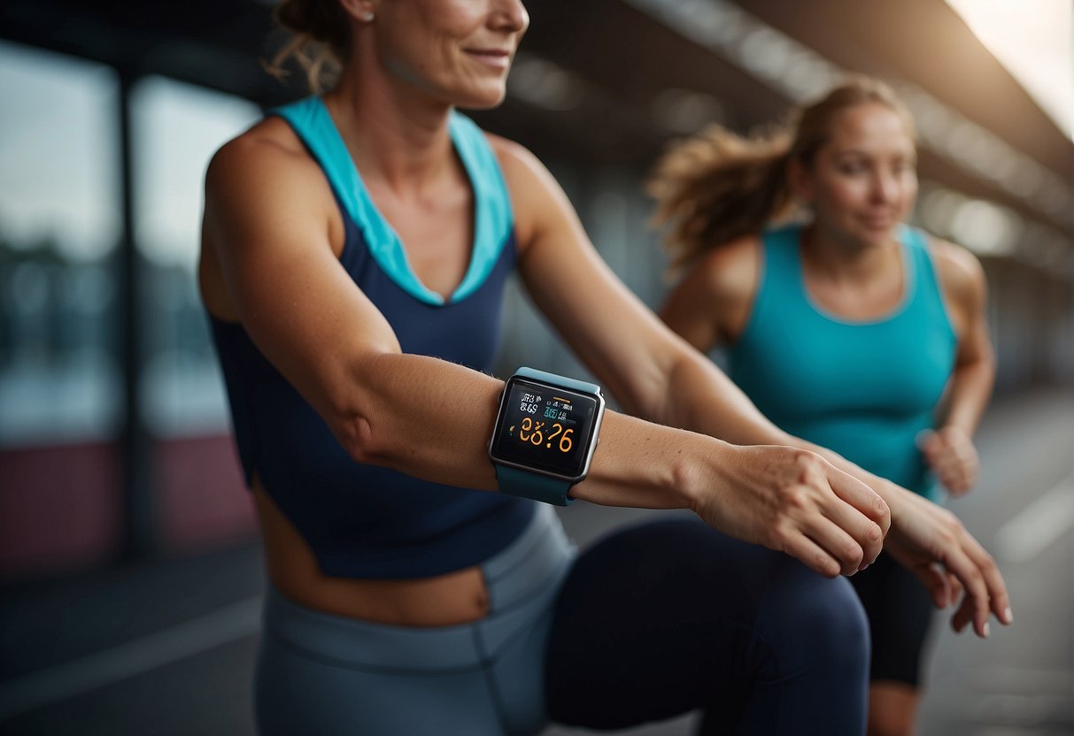 A person wearing a fitness tracker while exercising. The device records heart rate, steps, and calories burned, displaying accurate health data