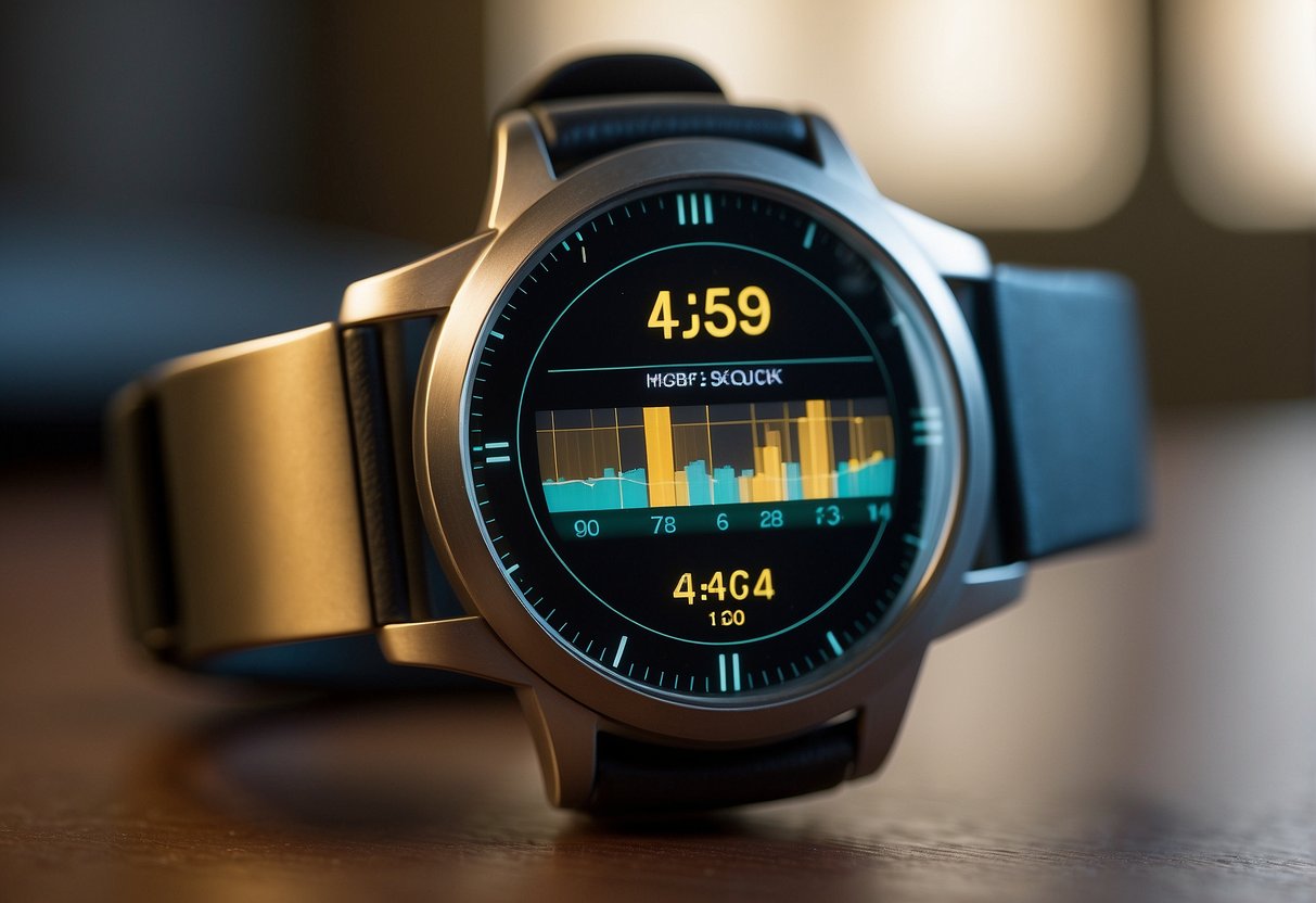 A smartwatch displaying health data while a lock and shield symbolize security and privacy. Ethical considerations are represented by a scale balancing privacy and data access