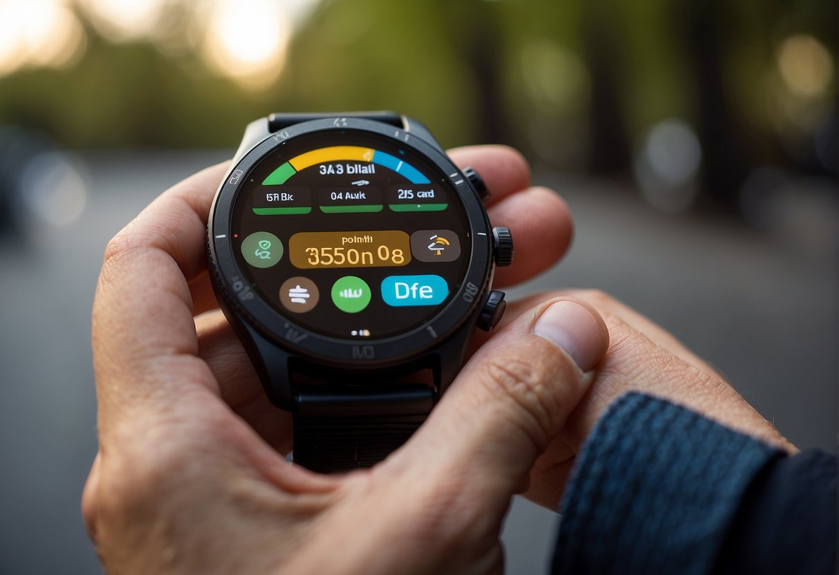 A hand holding a budget smartwatch with a call and text feature displayed on the screen. Various affordable smartwatch options surrounding it