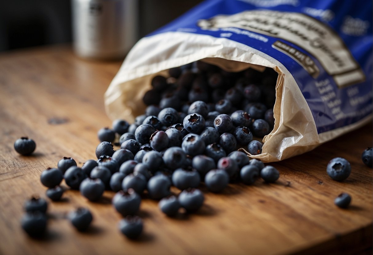 Freeze-dried blueberries spill from a torn bag, scattered on a kitchen counter with a warning label in the background