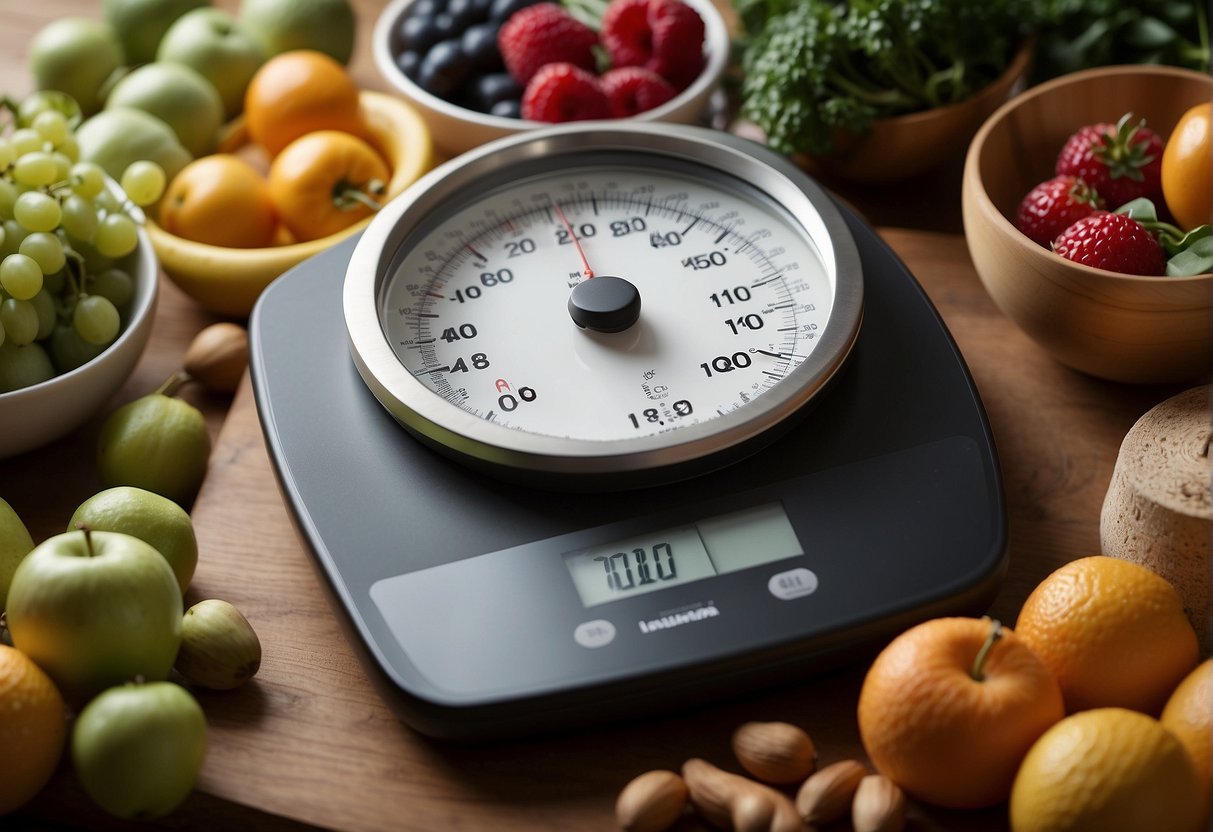 A scale displaying decreasing numbers, surrounded by healthy foods and exercise equipment