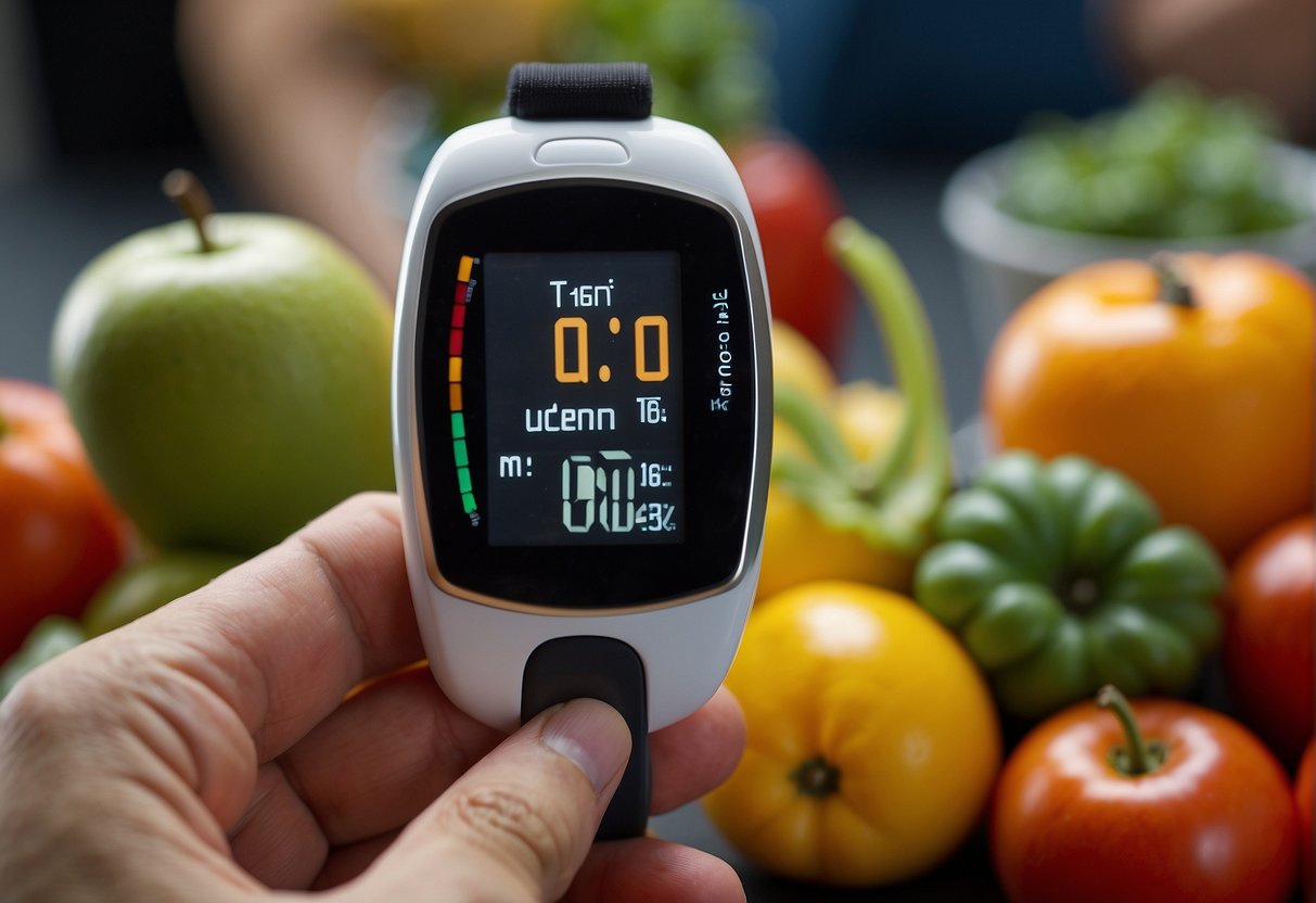 A person wearing a continuous glucose monitor (CGM) while engaging in exercise and choosing healthy food options. The CGM is prominently displayed, with a focus on the connection between diet, exercise, and weight loss