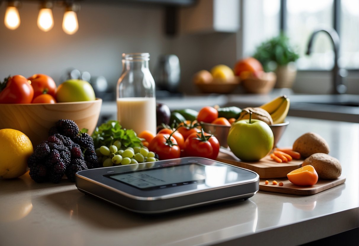 A kitchen counter with a variety of healthy foods, a scale, and a fitness tracker