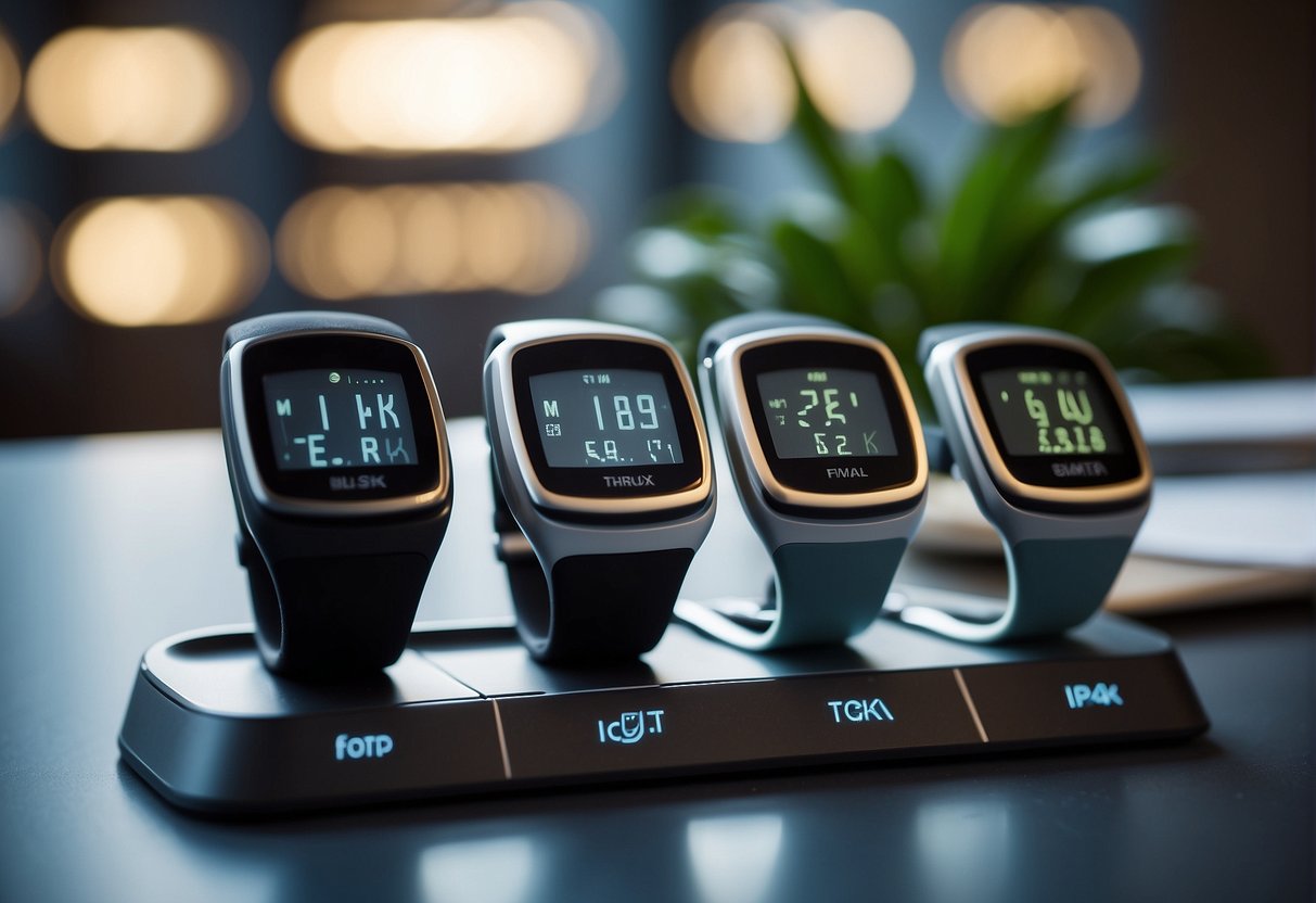 A group of top pedometers with heart rate monitors arranged neatly on a sleek, modern display stand