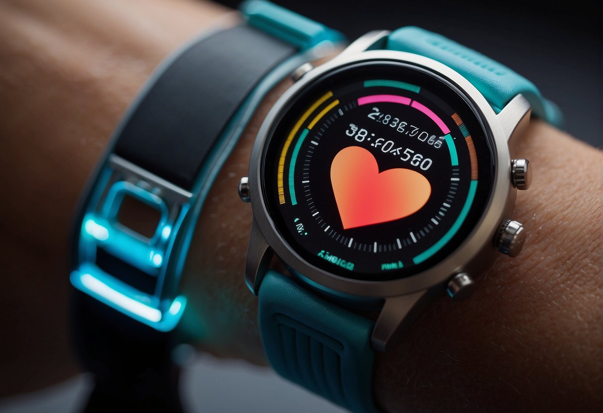 A pedometer with a heart rate monitor displays on a sleek, modern fitness watch. The screen shows real-time data in vibrant colors, with a focus on technical precision and innovation