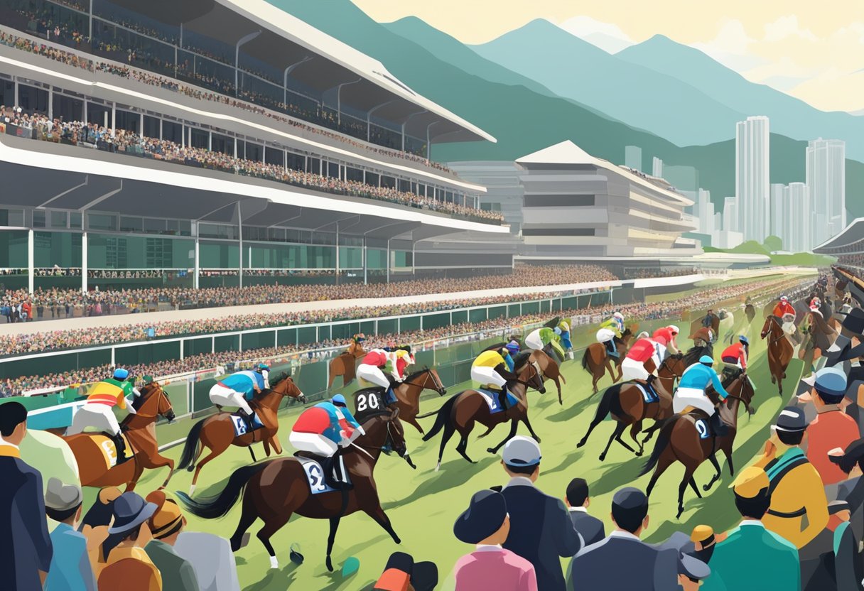 The bustling Hong Kong Derby event with crowds, horses, and jockeys at the racecourse